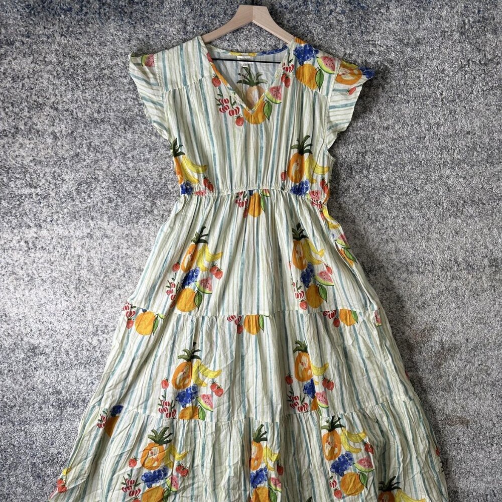 World Market Dress‎ Womens L/XL Green Stripe Fruit Print Cotton Tiered Maxi Boho
